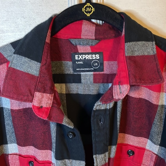 Men’s express red/navy button down casual flannel large - Picture 2 of 8